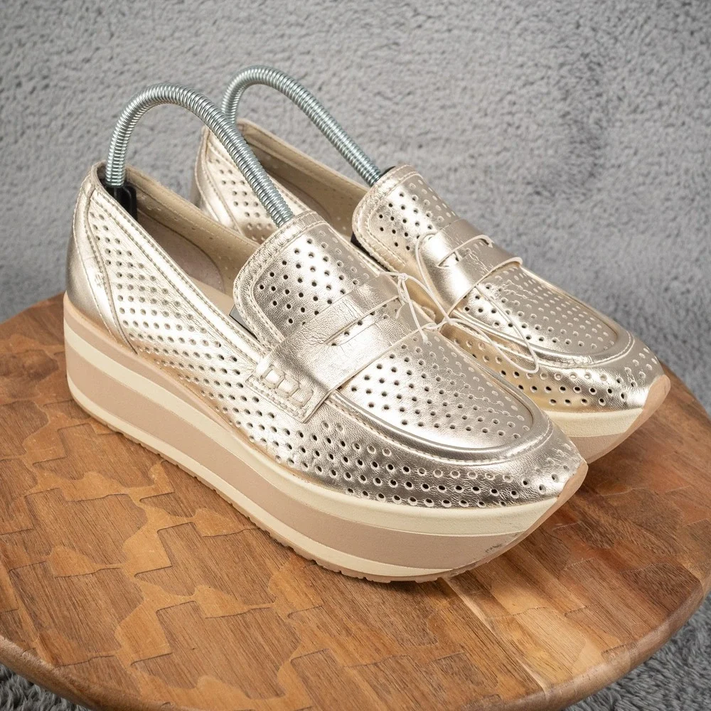 Dolce Vita Janine Slip-On Gold‎ Metallic Perforated Wedge Size 9 Platform Shoes